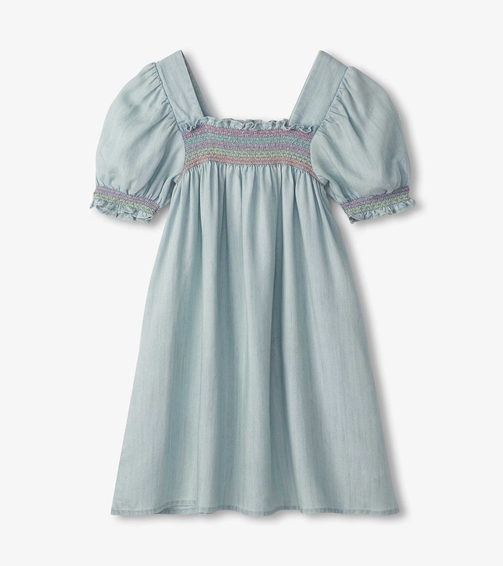 Hatley Girls Soft Blue Denim Puff Sleeve Smocked Dress