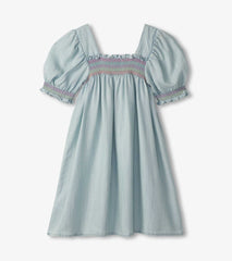Hatley Girls Soft Blue Denim Puff Sleeve Smocked Dress