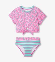 Hatley Girls Pink Floral Stripes Tie-Front Two-Piece Swimsuit