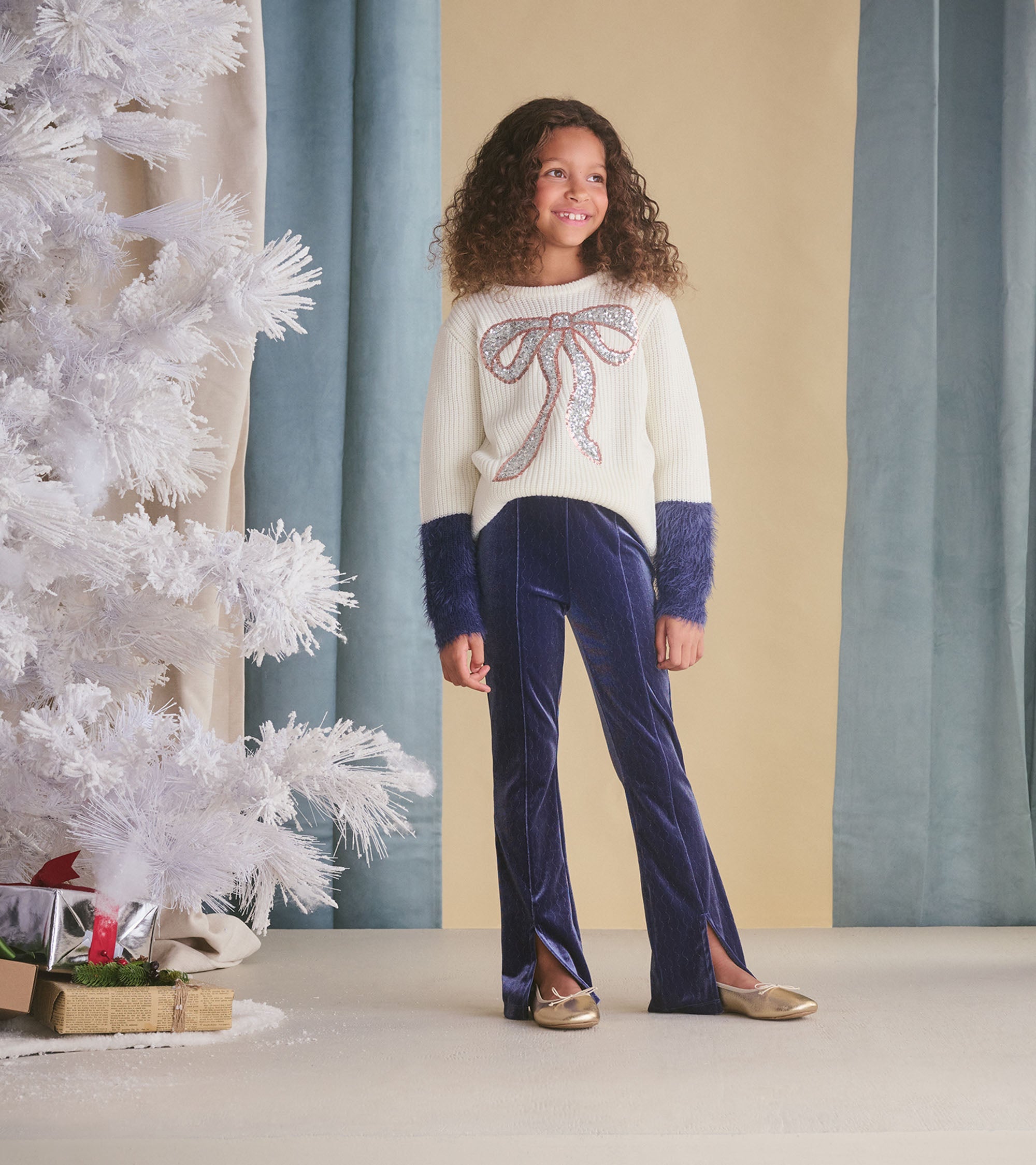Hatley Girls Sequin Bow Fluffy Sleeve Sweater