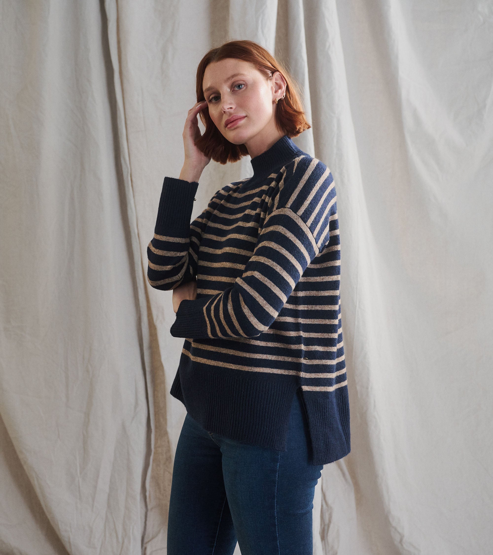 Hatley Mock Neck Tunic - Navy Taupe Stripes