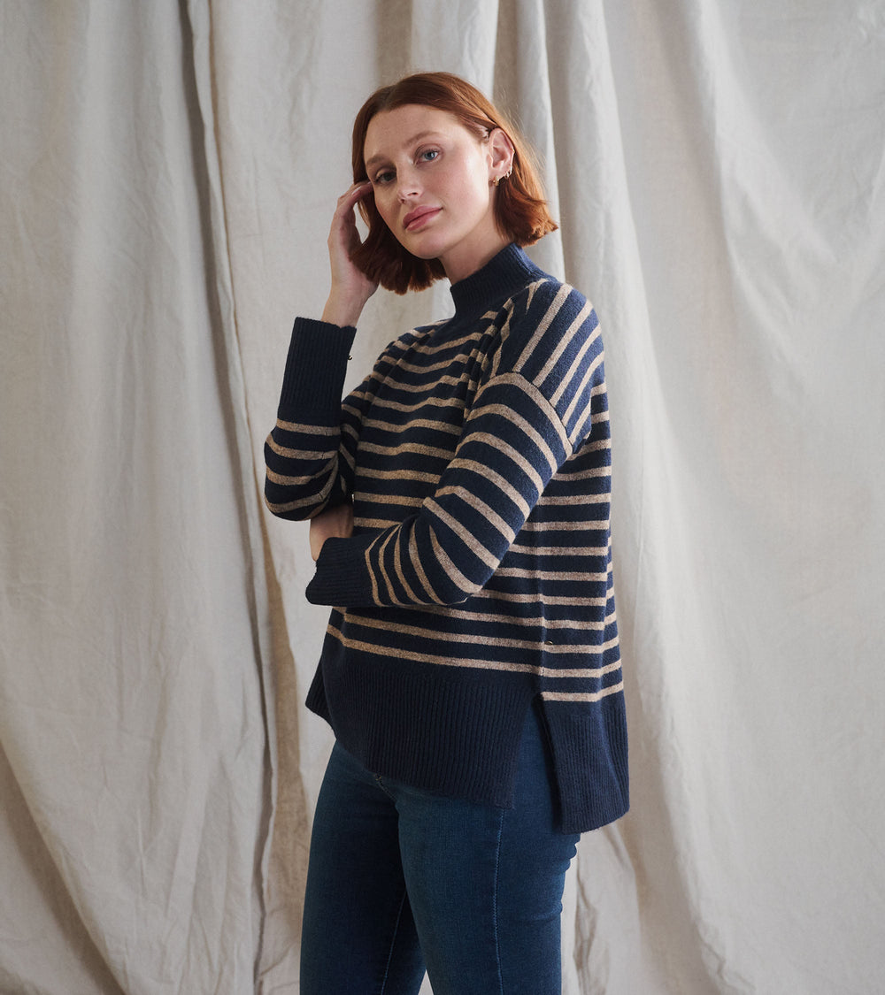 Hatley Mock Neck Tunic - Navy Taupe Stripes