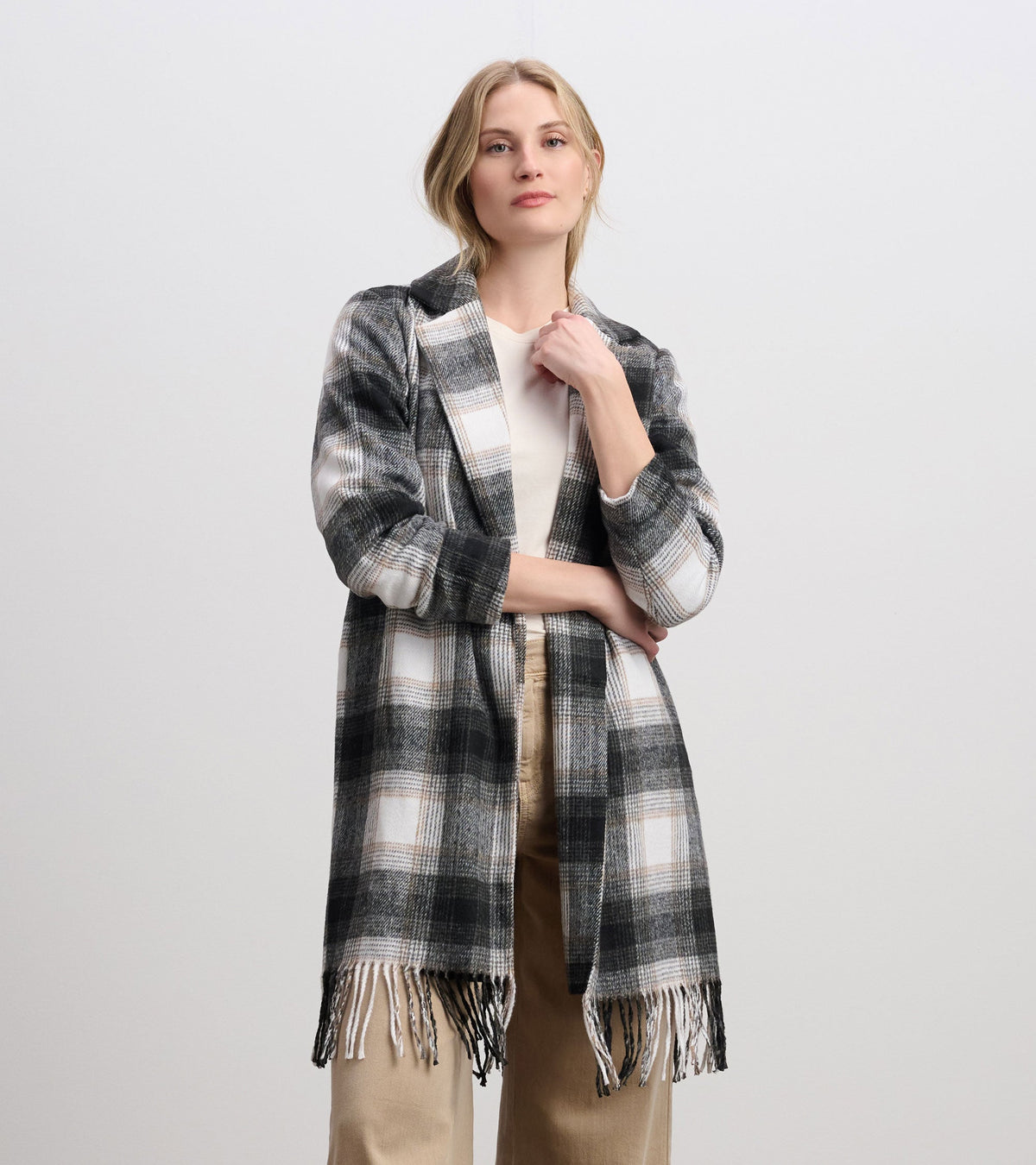 Hatley Fringe Jacket - Black and Taupe Plaid