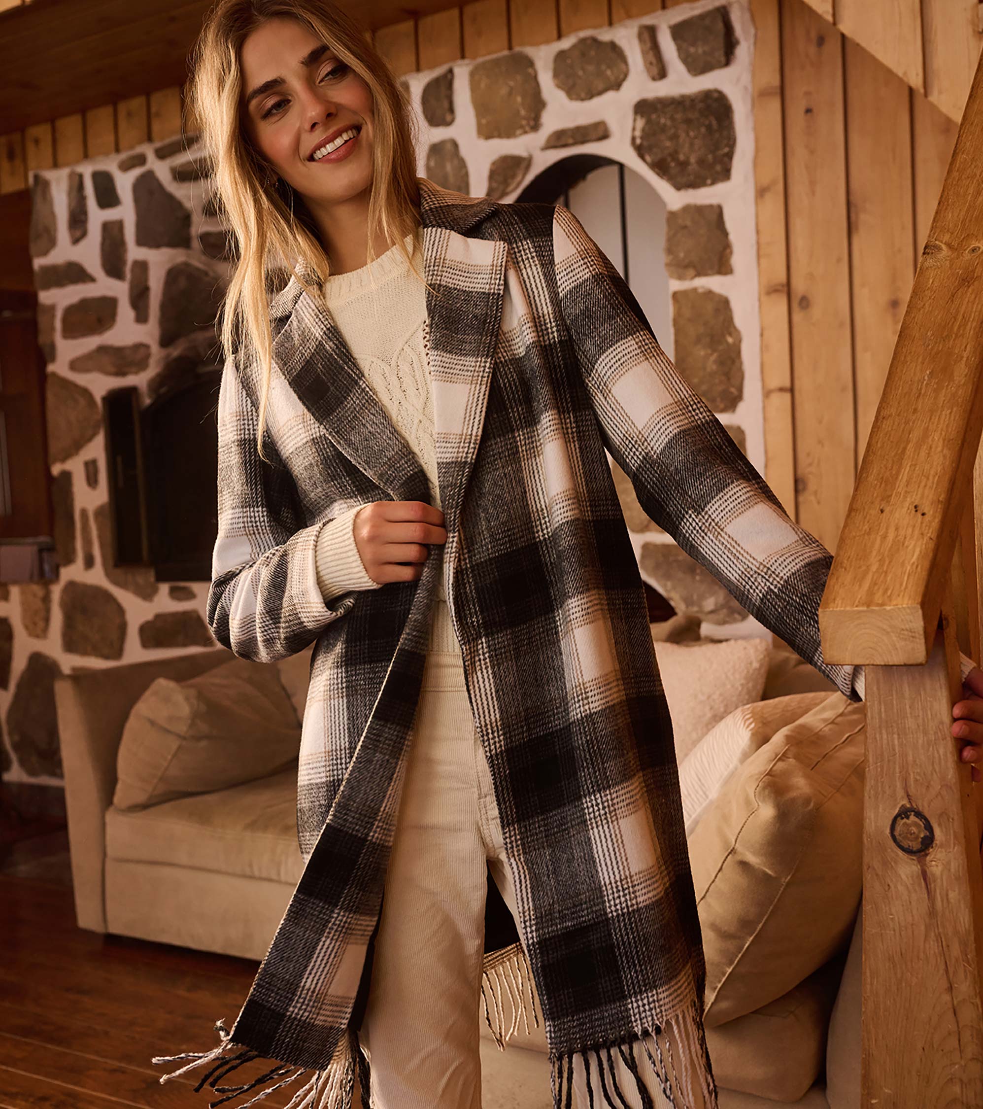 Hatley Fringe Jacket - Black and Taupe Plaid