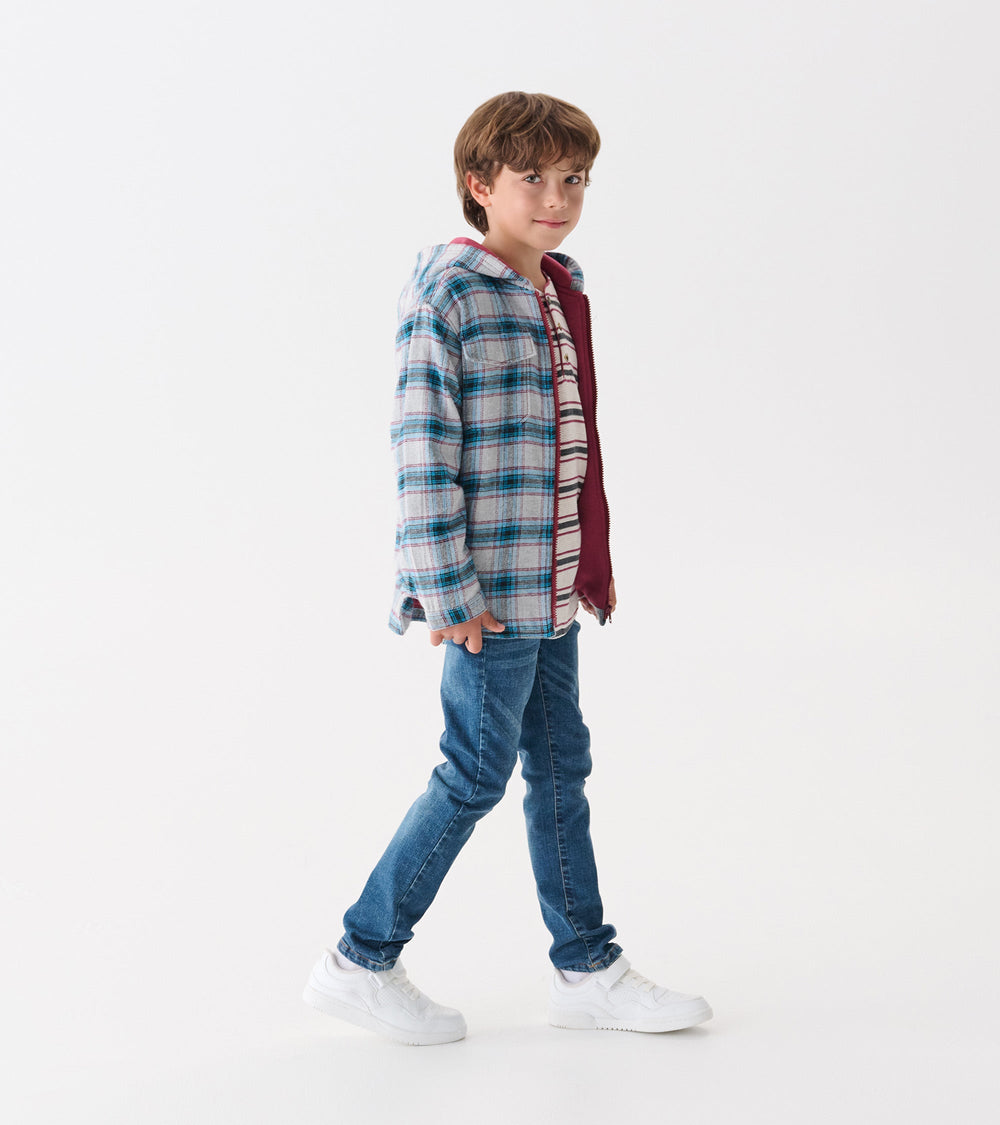 Hatley Boys Charcoal and Maroon Plaid Lined Hooded Jacket