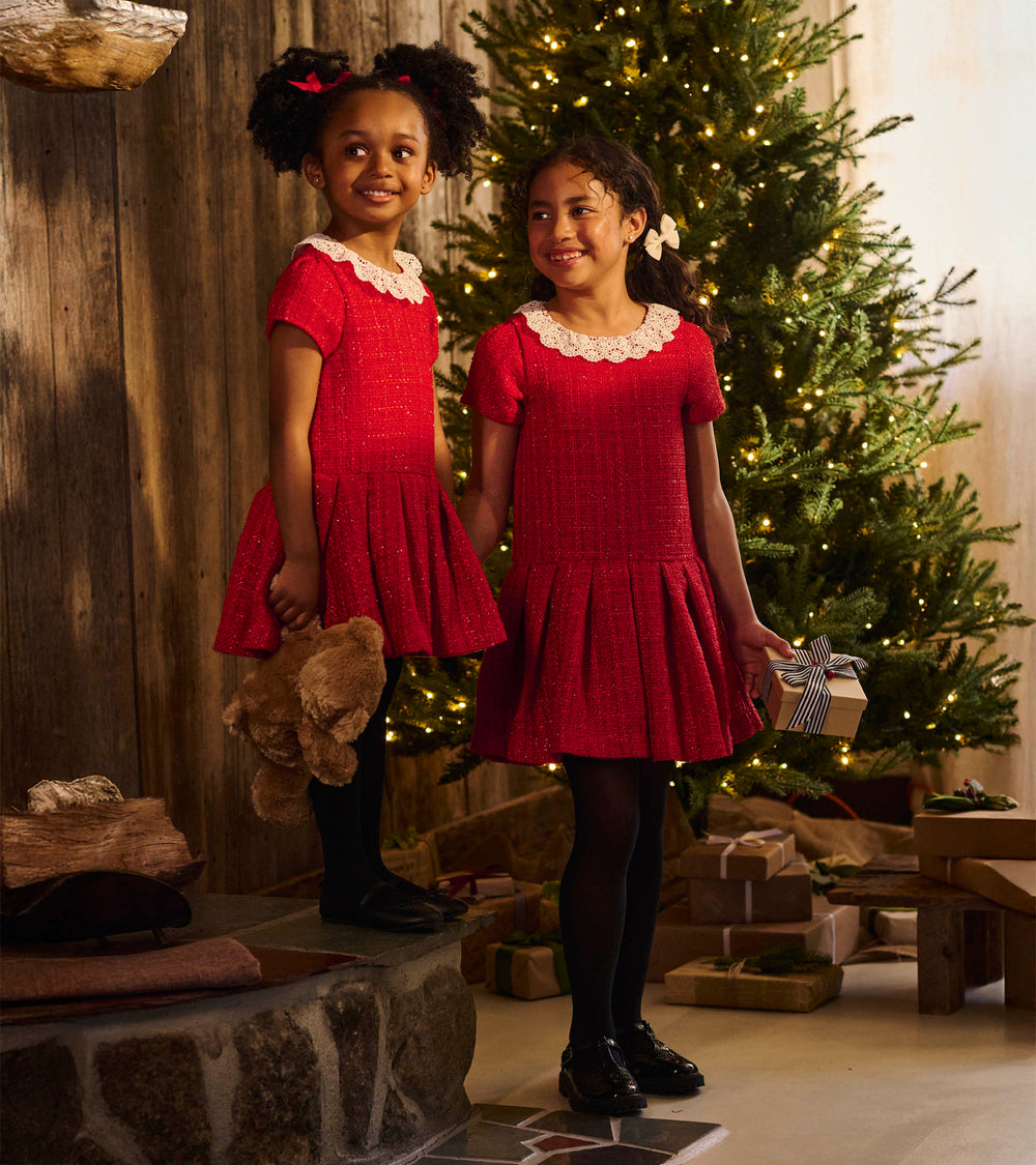 Hatley Girls Sparkle Boucle Pleated Lace Collar Dress