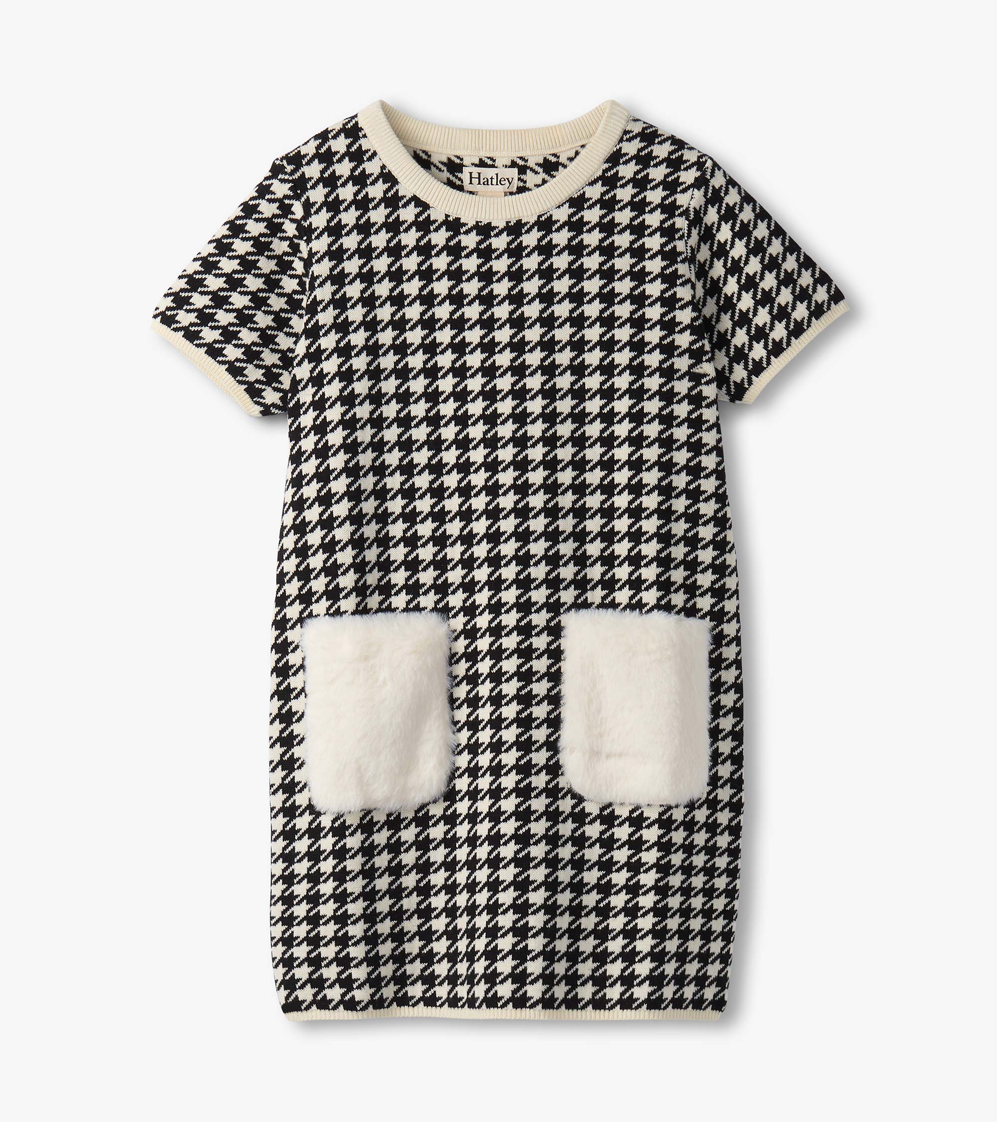 Hatley Girls Houndstooth Sweater Dress with Faux Fur Pockets