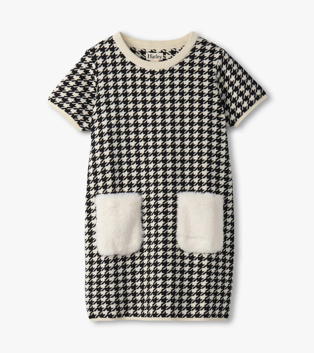 Hatley Girls Houndstooth Sweater Dress with Faux Fur Pockets