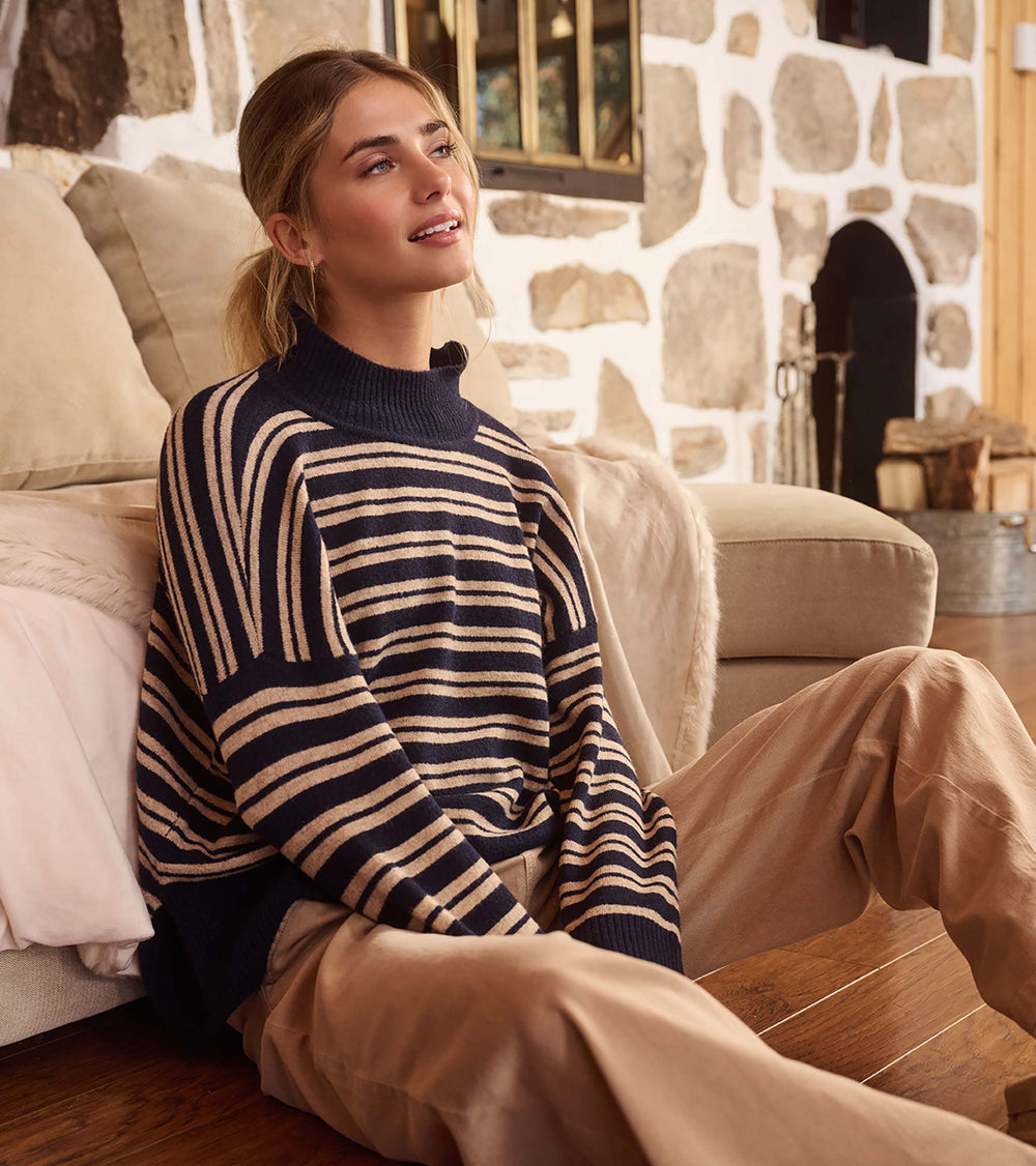 Hatley Mock Neck Sweater - Navy and Camel Stripe