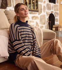 Hatley Mock Neck Sweater - Navy and Camel Stripe