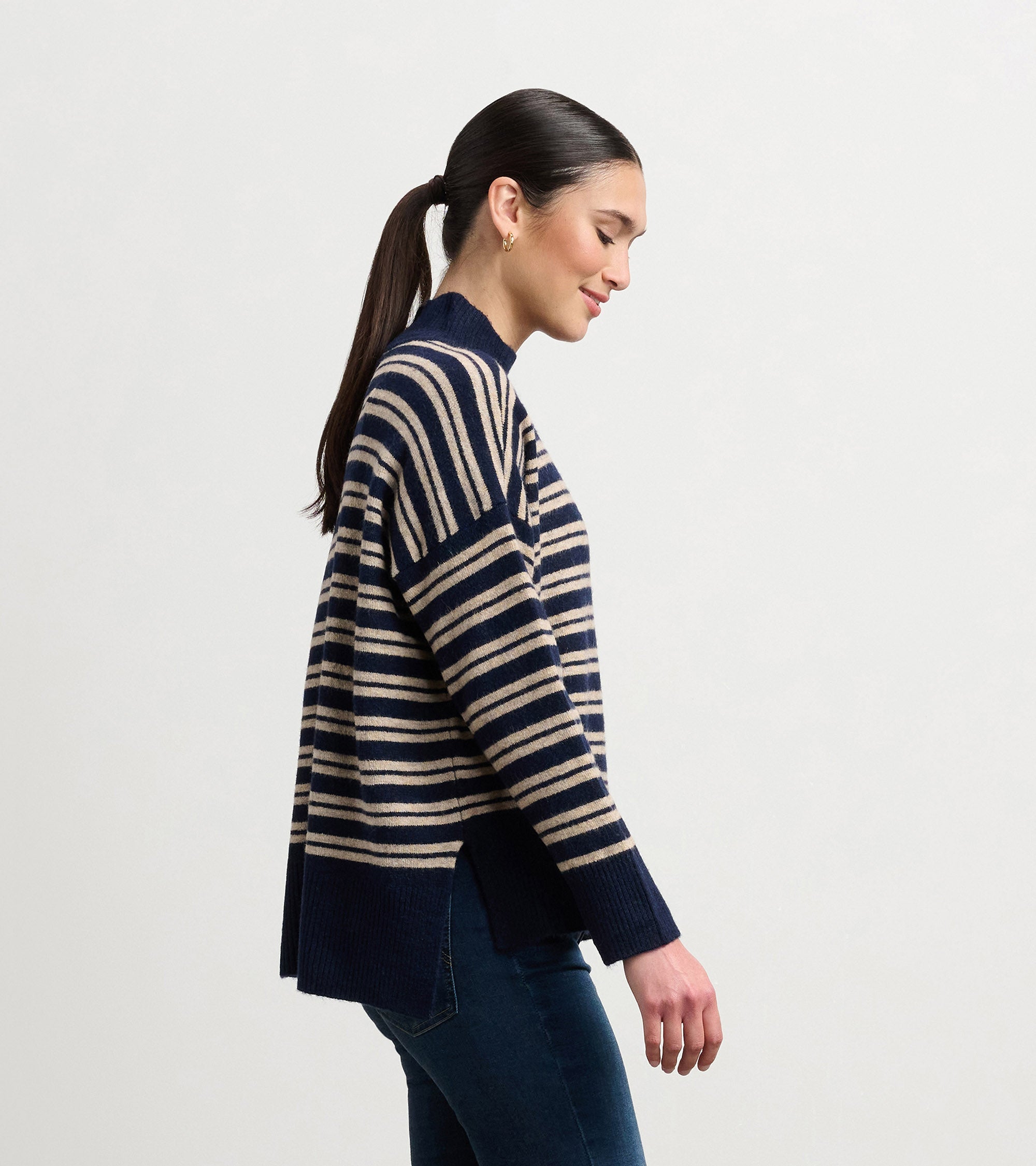 Hatley Mock Neck Sweater - Navy and Camel Stripe