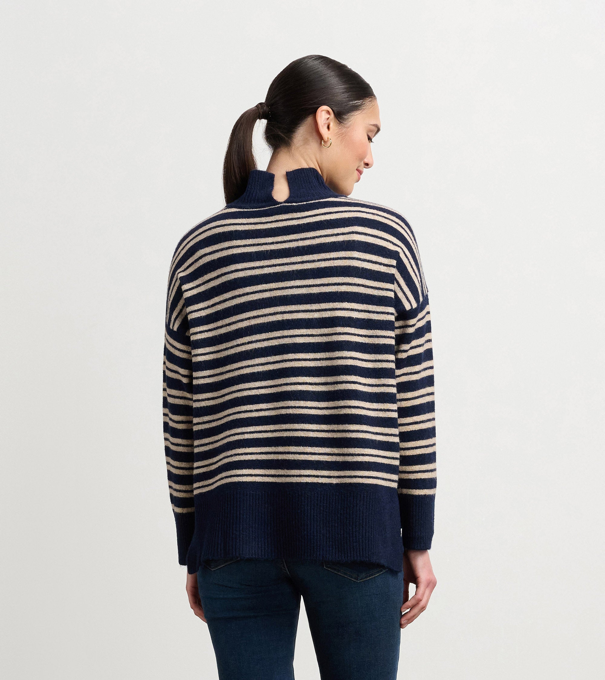 Hatley Mock Neck Sweater - Navy and Camel Stripe