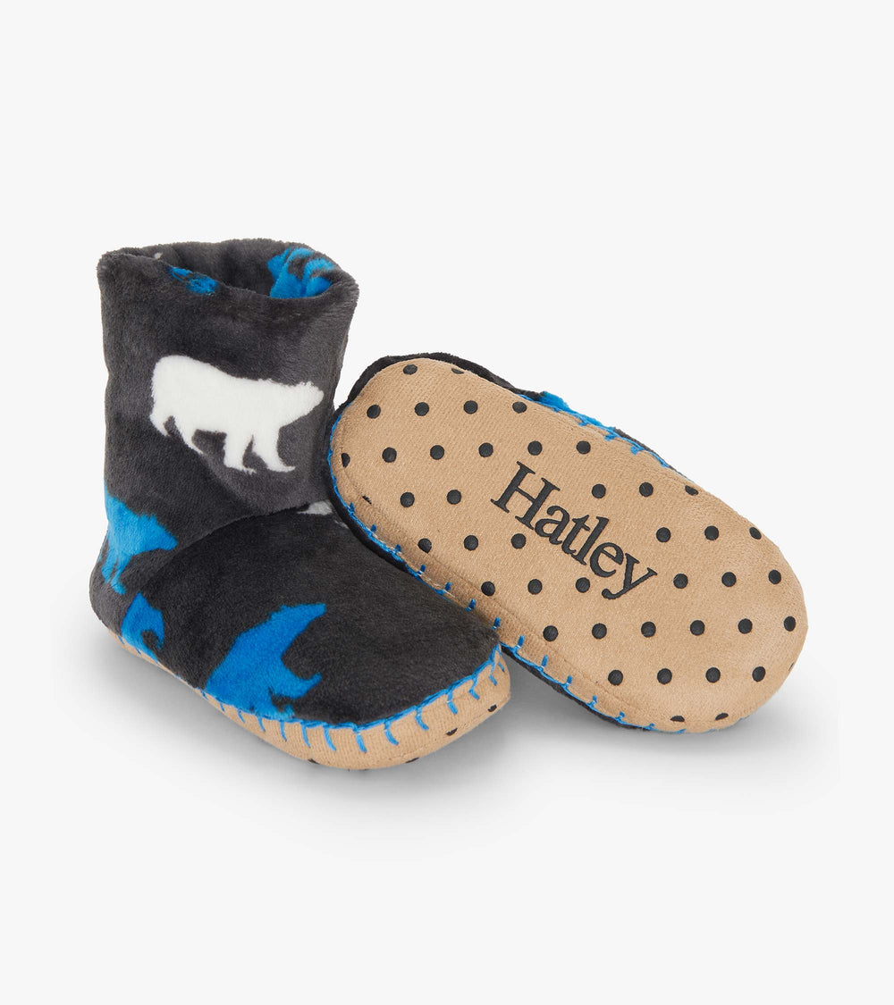 Hatley Boys Polar Bear Silhouette Fuzzy Fleece Slippers