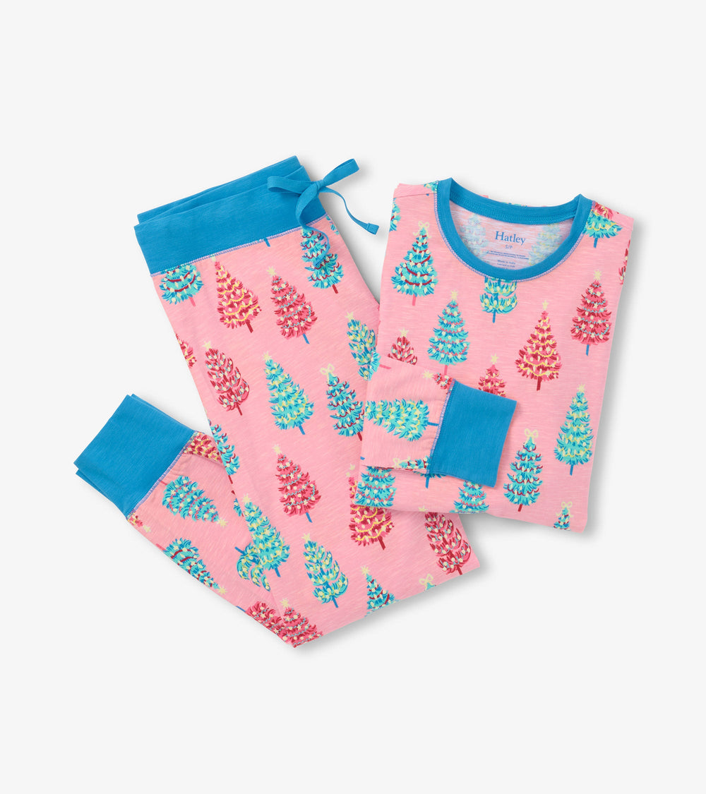 Hatley Women's Pink Bottle Brush Trees Glow in the Dark Cotton Pajama Set