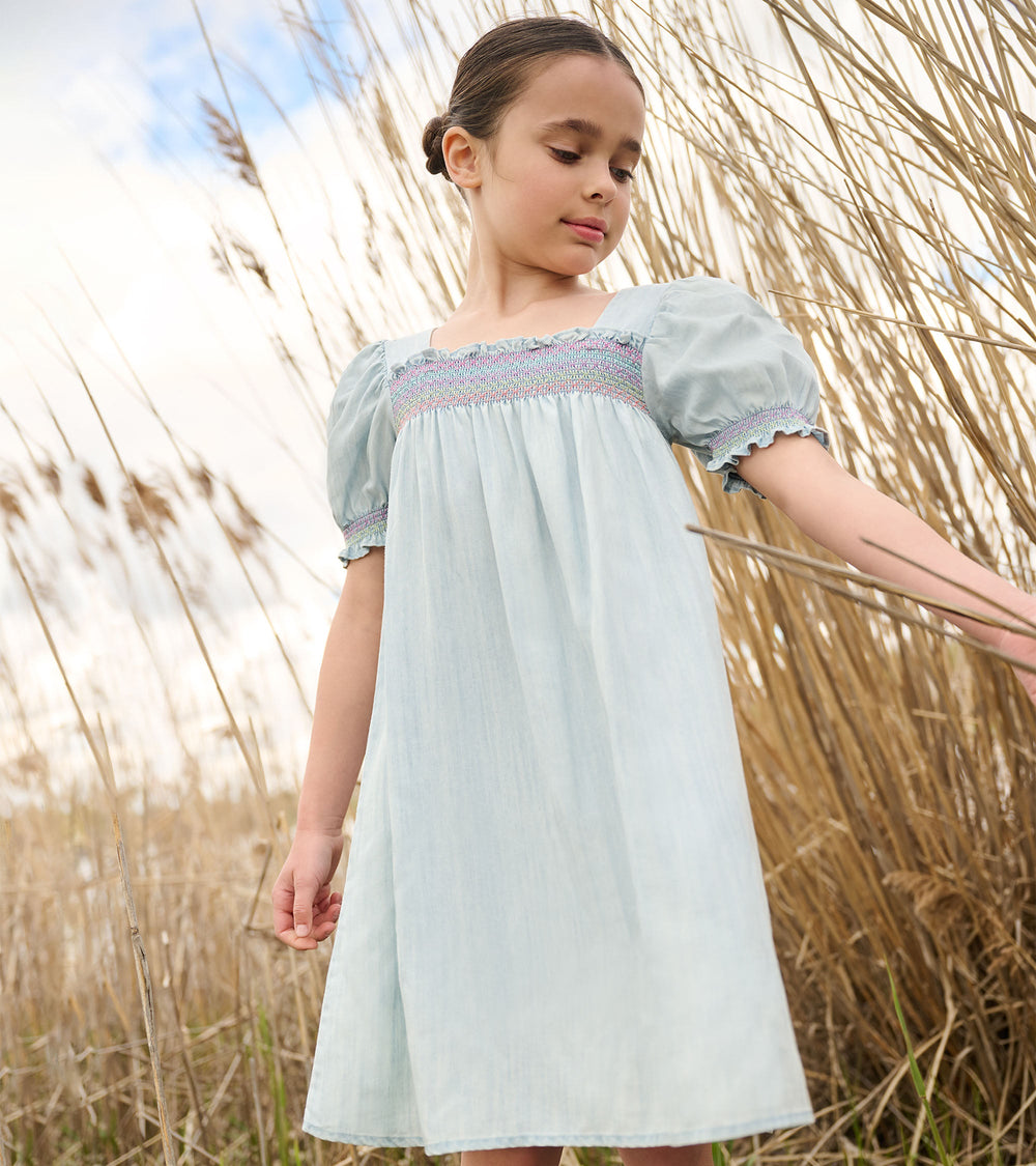 Hatley Girls Soft Blue Denim Puff Sleeve Smocked Dress