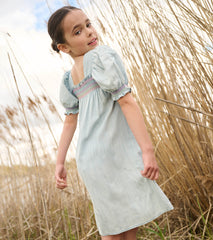 Hatley Girls Soft Blue Denim Puff Sleeve Smocked Dress