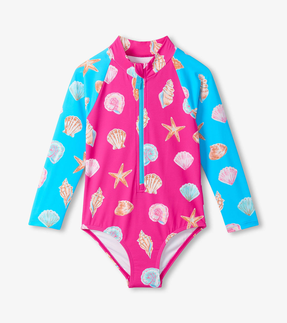 Hatley Girls Sea Shells Long Sleeve One-Piece Rashguard Swimsuit