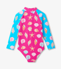 Hatley Girls Sea Shells Long Sleeve One-Piece Rashguard Swimsuit